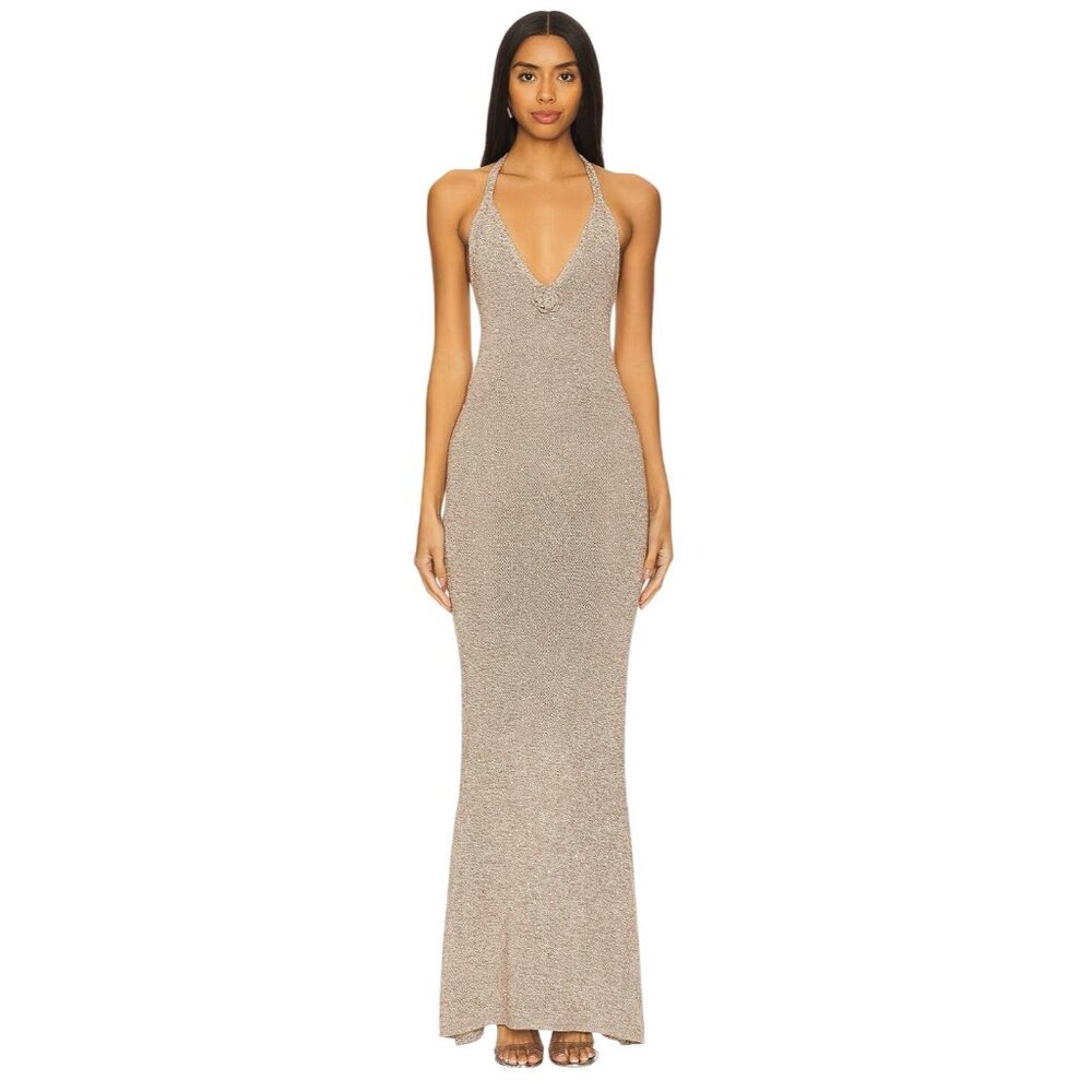 ASTA RESORT Daphne Dress in Hazlenut Sequin Large New Womens Maxi Knit Gown